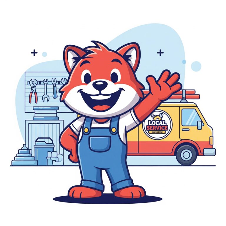 A vibrant, friendly-looking cartoon mascot (e.g., a cheerful bear or a quirky tool) waving, with a backdrop that subtly suggests a local service business like a mechanic shop or plumbing van.