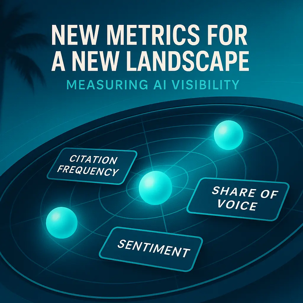 A stylized radar screen with glowing teal spheres labeled "Citation Frequency," "Share of Voice," and "Sentiment," set against a modern tropical backdrop.