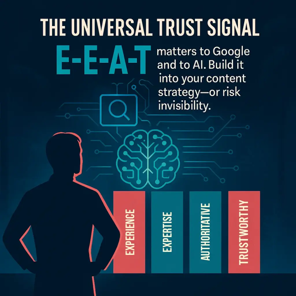 A silhouetted figure faces a glowing AI interface with circuit lines, surrounded by four labeled pillars: Experience, Expertise, Authoritativeness, Trust. Bold text emphasizes E-E-A-T as a universal trust signal.