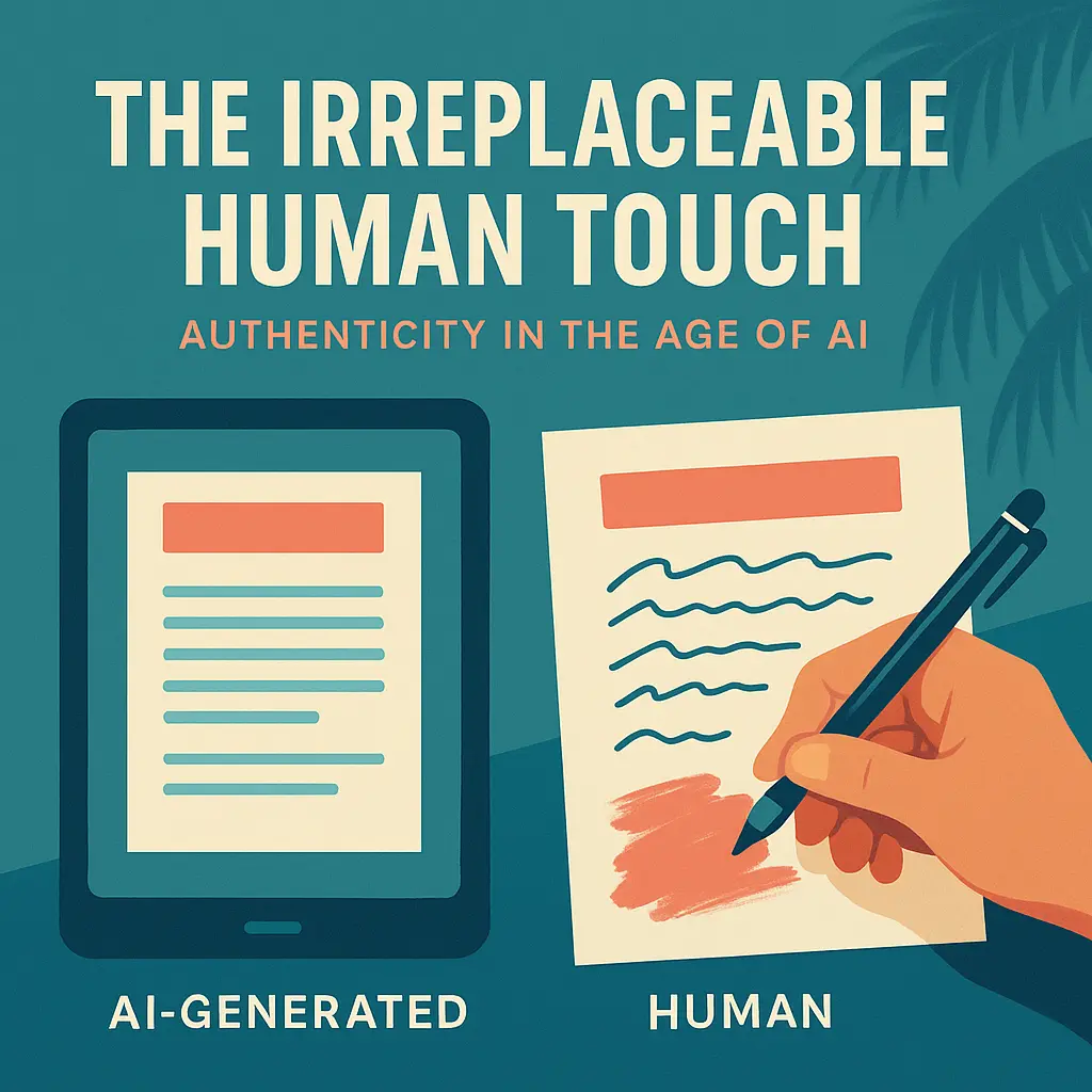 Split-screen image contrasting an AI-generated document on a tablet with a handwritten, colorful human-created page. Stylized with teal, coral, and off-white tones and subtle palm leaf shadows in the background.