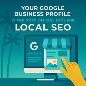 An illustrated computer screen displays a stylized Google Business Profile with a storefront awning, star ratings, and a photo thumbnail. A yellow hand points to the screen. Background features a gradient teal tone with Miami palm silhouettes.